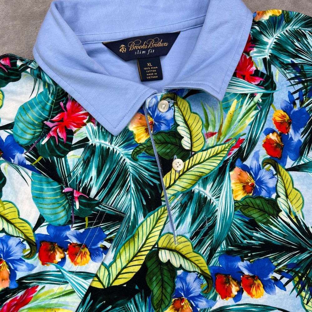 Brooks Brothers‎ Slim Fit Polo Shirt Mens XL Floral Tropical Pima Cotton Stretch